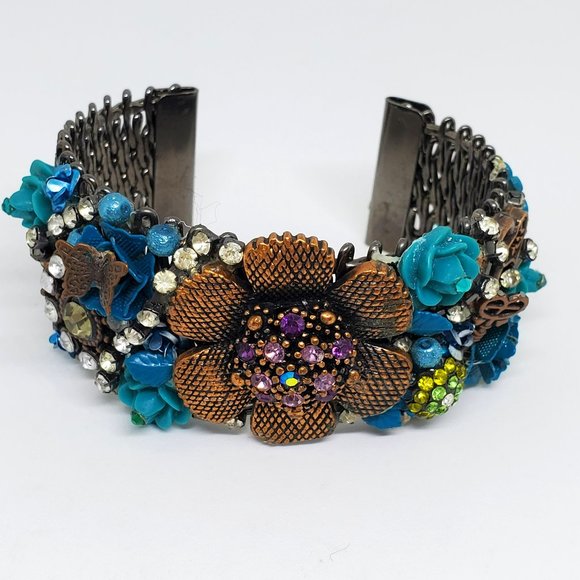 Victorian Steampunk High Detail Copper Turquoise Rose Rhinestone Cuff Bracelet - Picture 10 of 14